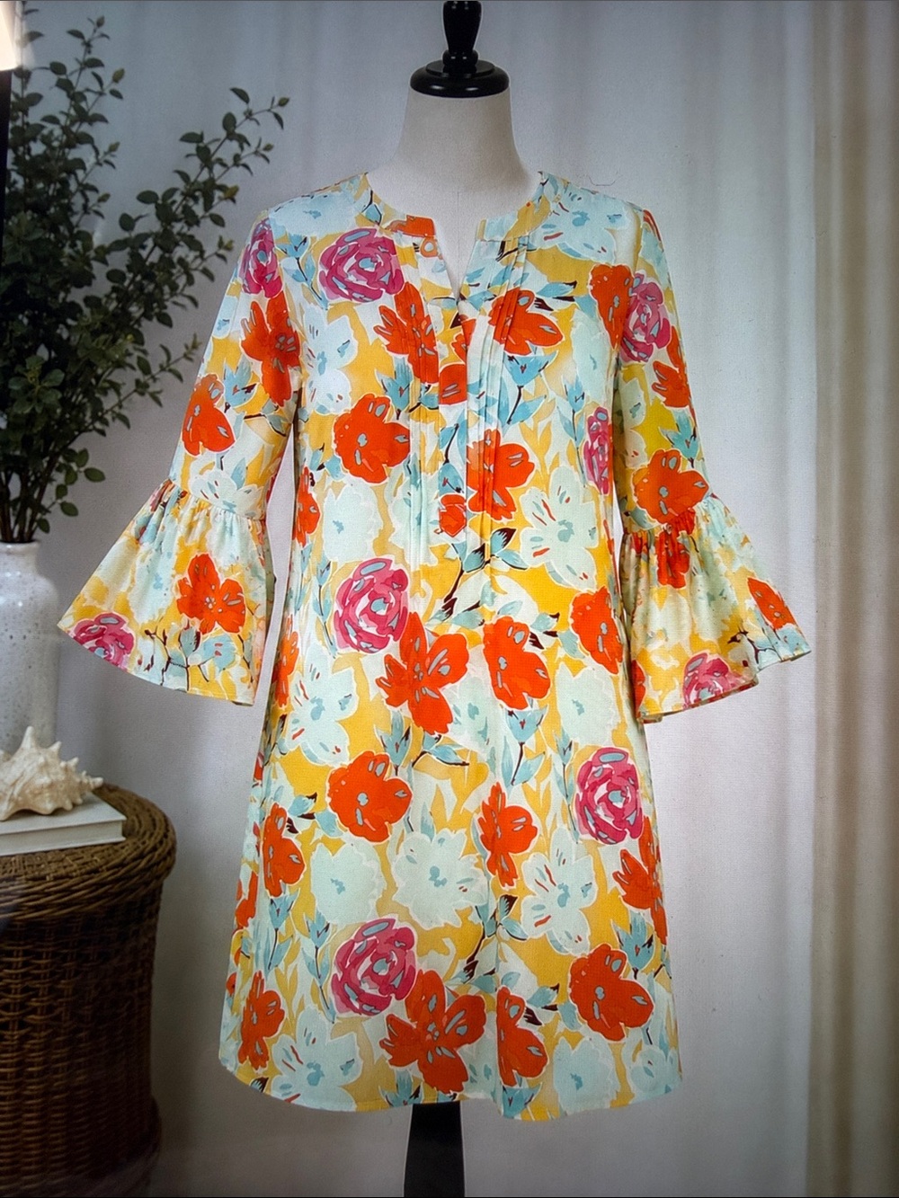 GiGiO FLORAL SHIFT DRESS ORANGE BLUE PINK 3/4 SLEEVES LINED SIZE SMALL